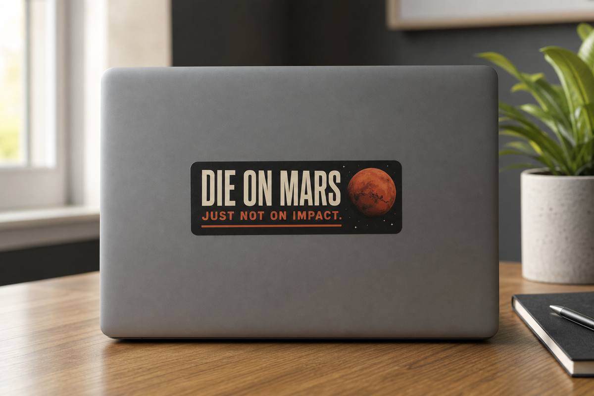Die on Mars bumper sticker on a closed laptop lid. Cream DIE ON MARS, rust JUST NOT ON IMPACT.